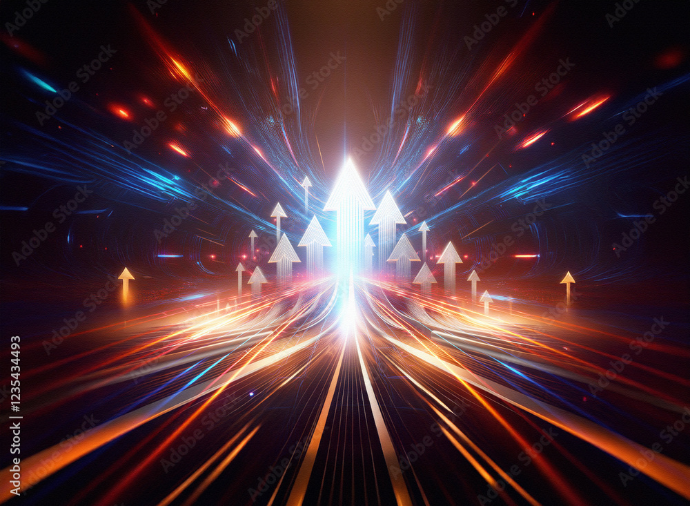 Poster abstract image of glowing arrows converging on a bright, central point, symbolizing upward movement 