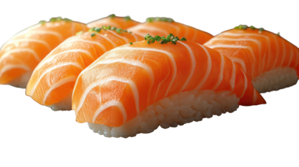 Salmon Nigiri: A delectable arrangement of freshly prepared salmon nigiri sushi, featuring plump, perfectly sliced salmon atop mounds of vinegared rice.