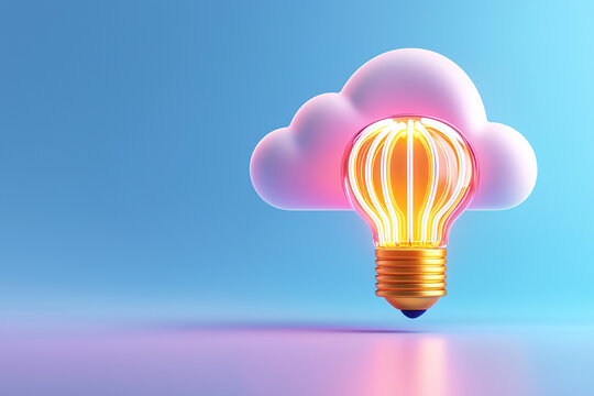 glowing light bulb with cloud shape symbolizes innovative cloud based technology solutions. vibrant colors and modern design convey creativity and forward thinking in digital advancements