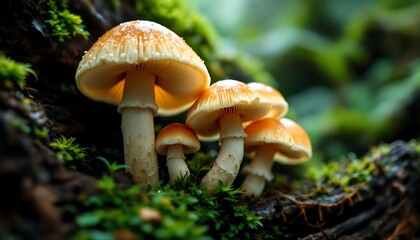 Fototapeta premium Closeup of light orange mushrooms on a mossy log, symbolizing nature's resilience, growth, suitable for nature magazines, educational content, and fantasy-themed projects