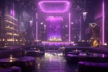 Luxurious purple nightclub interior, neon lights, bar, seating, party atmosphere;  website design