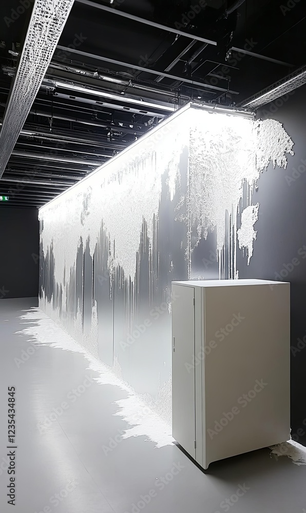 Poster illuminated world map display in dark room with white cabinet, ideal for data visualization projects