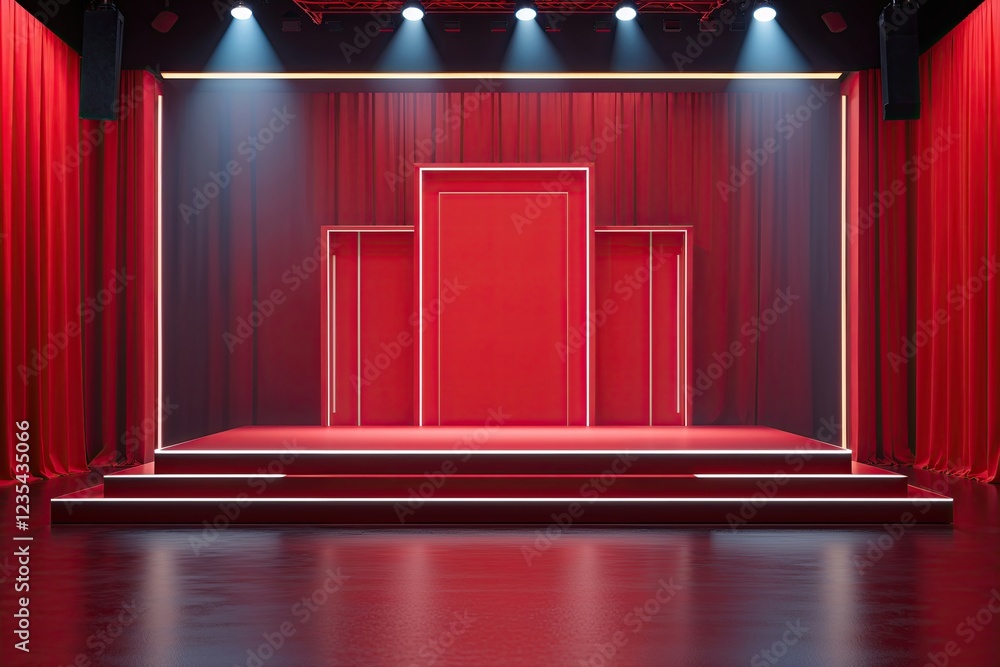 Poster 3d red stage background with illuminated platform and minimalist aesthetic