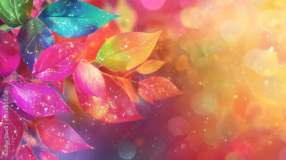 Poster vibrant colorful leaves with a dreamy bokeh background creating a whimsical atmosphere