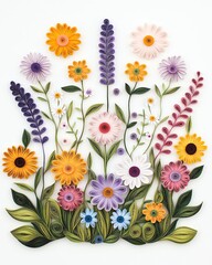 crafted colorful paper quilling techniques textured layers Colorful floral arrangement with various blooms.