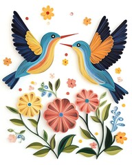 Obraz premium crafted colorful paper quilling techniques textured layers Colorful hummingbirds with floral decorations.