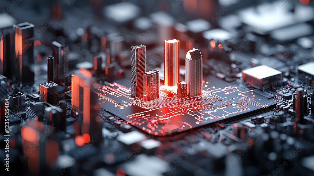 Aufkleber futuristic cityscape emerges from microchip, symbolizing integration of technology and urban develop