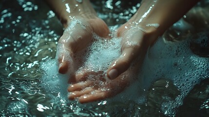 Fototapeta premium Hands cupping water and bubbles a serene moment