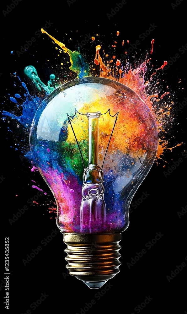Poster lightbulb exploding with colorful paint splatter on black background for creative inspiration