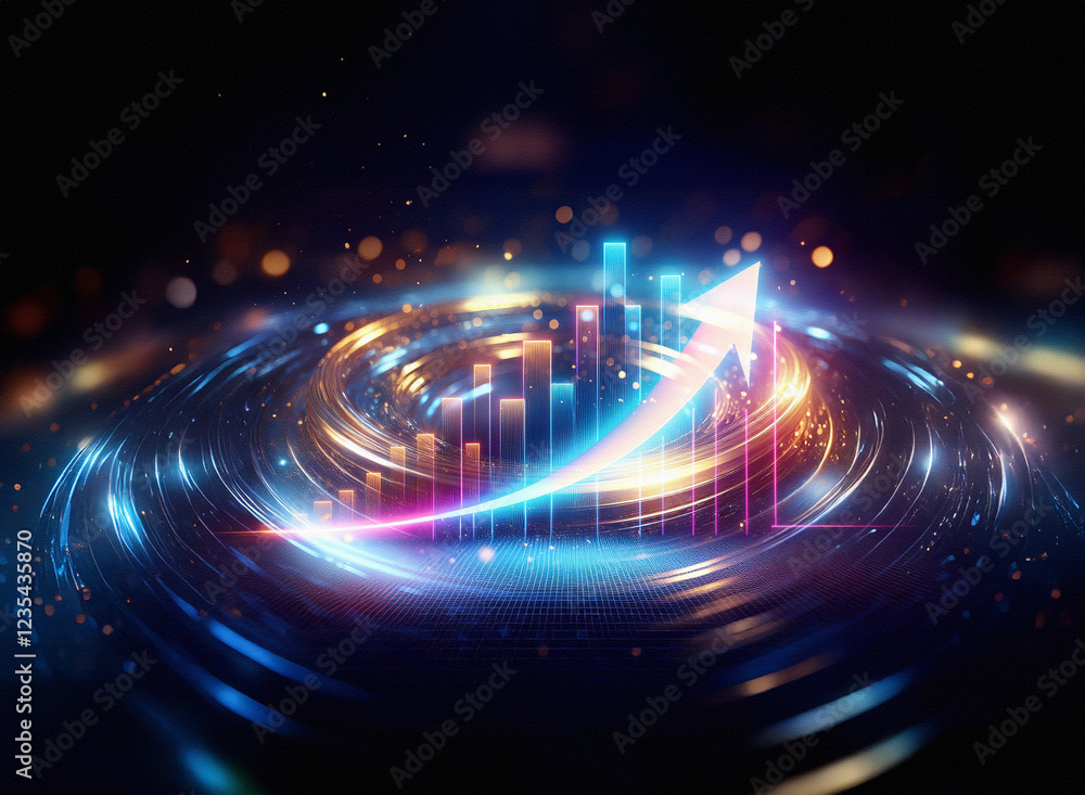 Aufkleber abstract image depicting upward financial growth. glowing bars and arrow in a swirling, futuristic, 