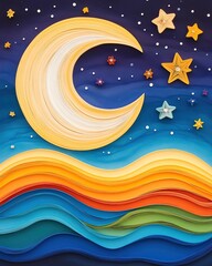 Fototapeta premium crafted colorful paper quilling techniques textured layers Colorful night sky with moon and stars.