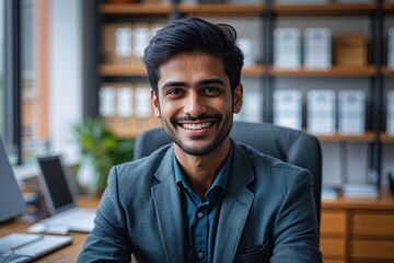 Fototapeta premium Vibrant Image of a Smiling Young Indian Professional Working at an Office Desk