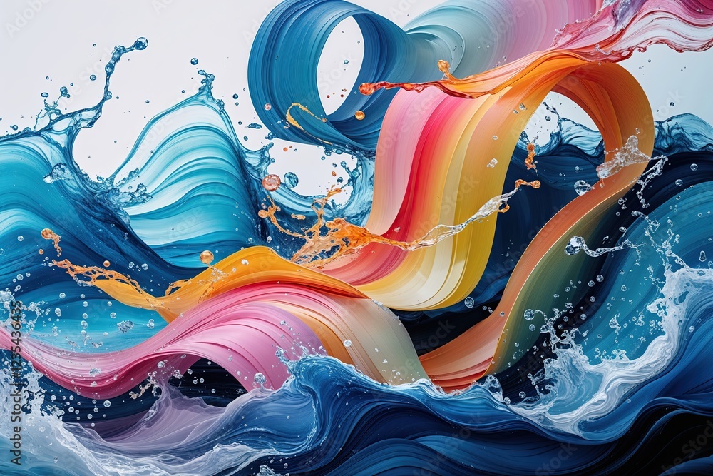 Poster vibrant multicolor brush stroke ribbons flowing in an abstract wave with fluid textures and dynamic 