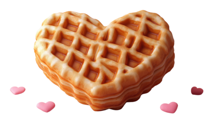 Heartfelt Waffle: A golden, heart-shaped waffle, with its delicate waffle squares, sits on a surface adorned with pink sprinkles, symbolizing love, affection, and the sweetness of life. 