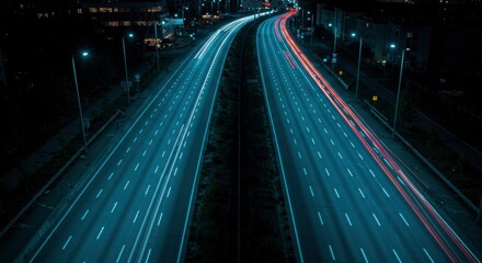 Night Highway: A mesmerizing aerial view of a major highway at night, with light trails streaking across the asphalt, creating dynamic streaks of cyan and red light.