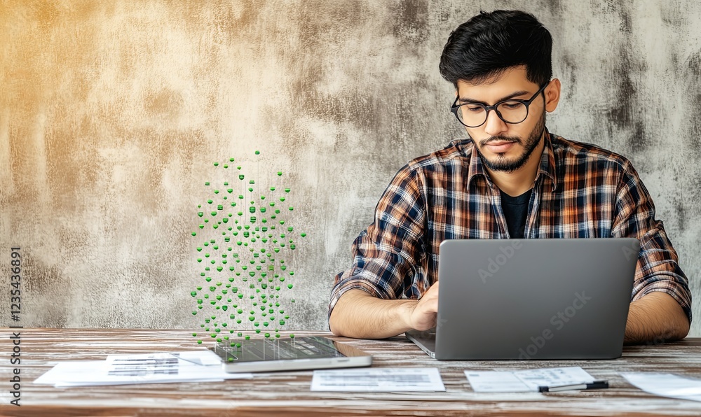 Poster man working on laptop with data stream, analyzing documents at wooden desk, rustic background