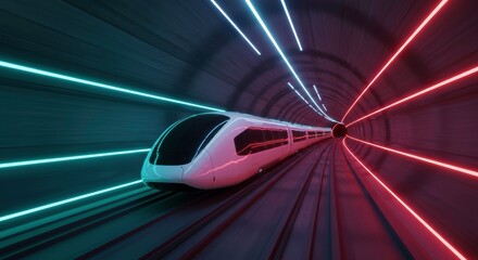 High-Speed Rail in Neon Tunnel: A sleek, futuristic high-speed train hurtles through a vibrant neon-lit tunnel, the contrasting colors of teal and crimson creating a dynamic and futuristic atmosphere.