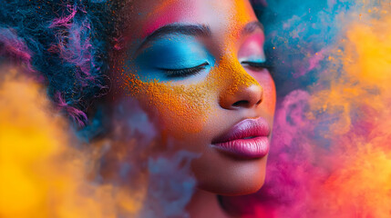 Obraz premium Vibrant portrait of a woman with colorful makeup surrounded by colorful smoke