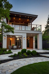 Obraz premium Luxury Modern Two-Story Home with Stunning Exterior Design. Contemporary architecture, landscaping, and elegant pathway. Ideal for real estate listings and architectural showcases.