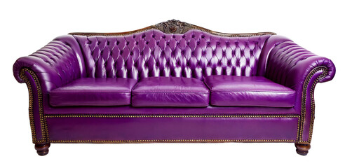 ビンテージの紫色の皮張りのソファ。白背景。（vintage purple leather sofa on white background）
