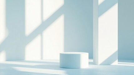 Fototapeta premium Minimalist white cylinder platform sunlit room