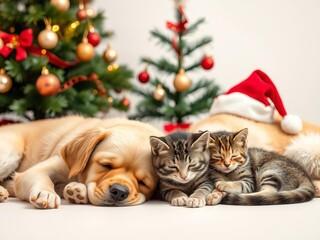 Dog and cat peacefully napping together under a beautifully decorated Christmas tree, pets, canine, together