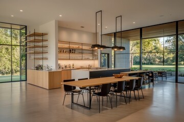 Modern kitchen, dining area, large windows, rural view, home design