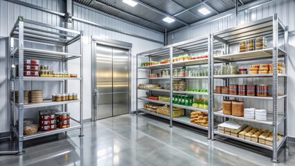 Fototapeta premium Modern commercial walk-in refrigerator with metal shelving for food storage and inventory management in a warehouse, inventory management, food storage