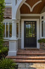 Elegant Home Exterior: Brick Steps, Black Door, and Architectural Details