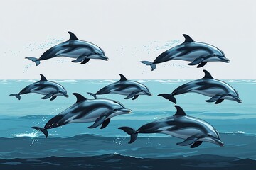 Fototapeta premium Dolphins Swimming in Ocean Marine Wildlife Illustration