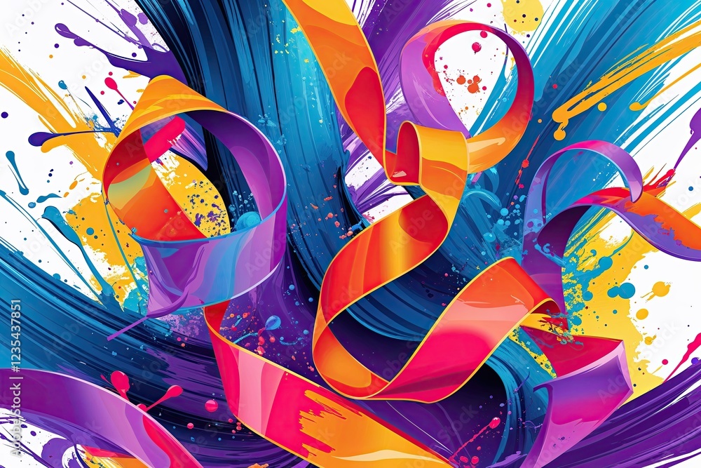 Poster Energetic Abstract Design with Colorful Brush Strokes and Dynamic Ribbon Shapes