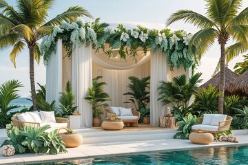 Fototapeta premium Coastal Beauty Product Showcase Platform Enhanced with Palm Foliage Themes