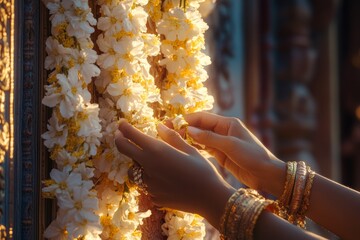 Hands arranging temple flower garland, sunrise