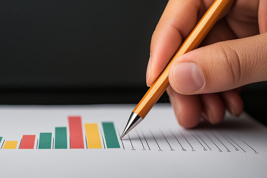 hand holding pencil points to colorful bar graph on paper, indicating data analysis and financial review. graph features bars in green, red, and yellow, suggesting varied performance metrics