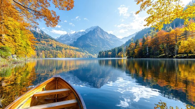 Autumnal lake, mountains, boat, tranquil scene, travel postcard
