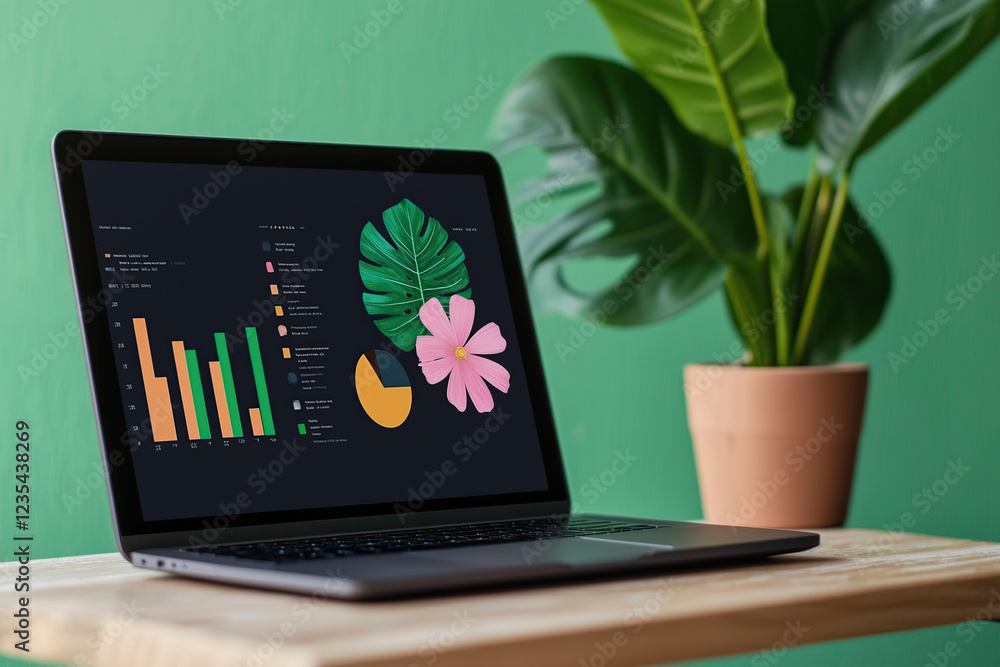 Poster laptop displaying colorful data visualizations with plant in background on wooden table. screen show