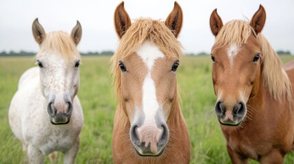Fototapeta premium Three horses in a field, gazing at camera. Use Stock photo