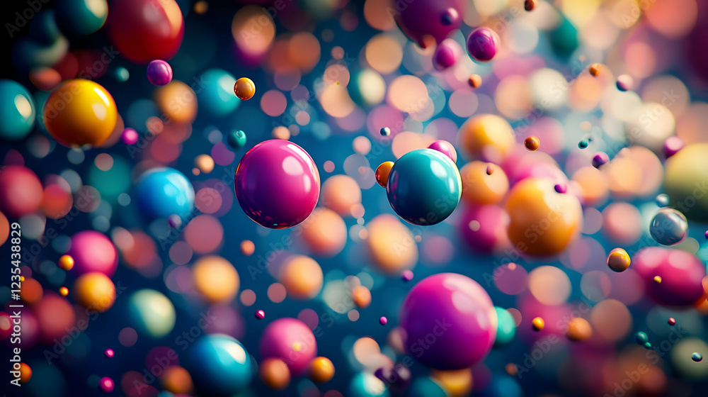 Poster Colorful floating spheres in a vibrant abstract background with bokeh effects