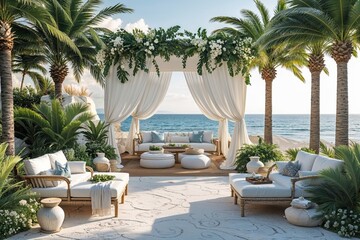 Coastal Product Showcasing Platform Featuring Elegant Palm Foliage and Scenic Beauty
