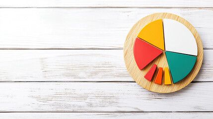 Colorful pie chart wooden board against white wooden background, showcasing data visualization. chart is divided into various segments, each different colors, representing statistical information