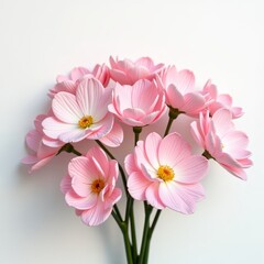 Fototapeta premium Delicate pink flowers with yellow centers, set against a soft white background