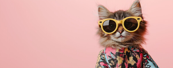 Obraz premium Adorable fluffy kitten wearing oversized yellow sunglasses and colorful jacket on pastel pink background