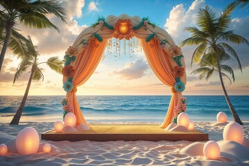 3D Ocean Stage Scene Background with Festive Beach Sand and Sky Elements