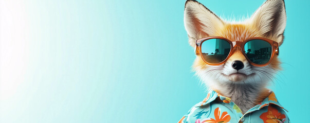 Trendy baby fox wearing reflective sunglasses and tropical shirt on a light blue background