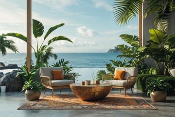 Fototapeta premium Modern Product Display with Tropical Plants and Ocean Background