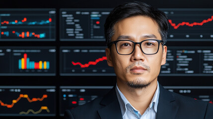 focused professional stands confidently front of multiple digital screens displaying real time analytics and data visualizations, highlighting importance of data driven decision making modern