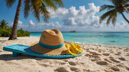 Summer beach bag and flip-flops on the beach