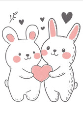 Cute bear and rabbit simple doodle style minimalist line drawing white background white border around the edges of each character simple lines simple coloring book de