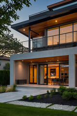 Obraz premium Luxury Modern House Exterior at Night. Contemporary Home Design, Real Estate, Residential Architecture, Villa, Property, Garden, and Landscape