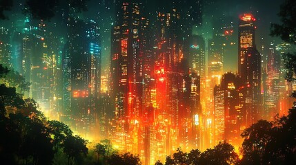 Fototapeta premium Vibrant futuristic cityscape glows intensely at night Warm neon lights illuminate towering buildings nestled amidst lush green trees. AI Generated